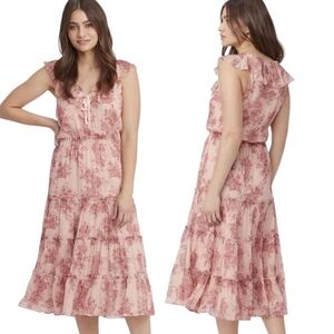 PAIGE "Sienna" Silk Floral Print Tiered Midi Dress - Size M